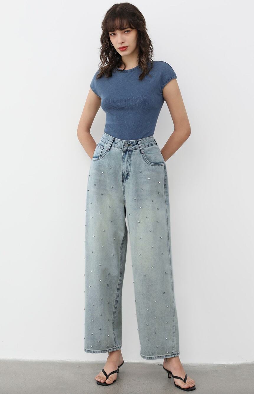 Chicwish Rhinestone Embellished Jeans Wide Leg Baggy Minimalist Relaxed Blue XS